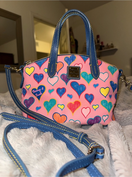 Dooney & Bourke Handbags - Dooney & Bourke Pink Heart Print Mini Satchel with Blue Trim